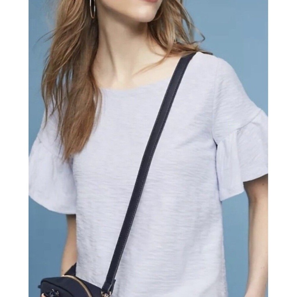 Anthropologie Postage Stamp Ruffle Sleeve Light Blue Curved Hem Cotton Top Small